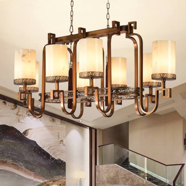 居家新中式風格吊燈 仿云石燈罩 多頭中式吊燈